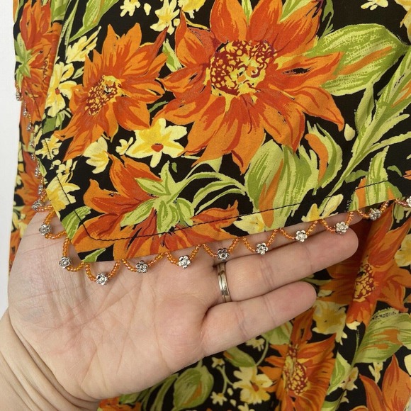 VTG Women's Floral Beaded Midi Length Dress Size 14 Orange Tie Waist CDC Wear - Picture 2 of 11